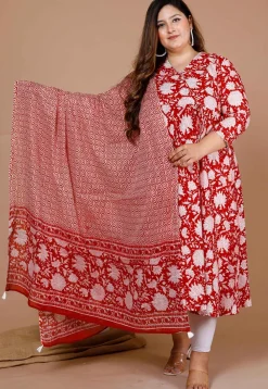 Printed Pure Cotton Aline Suit in Red