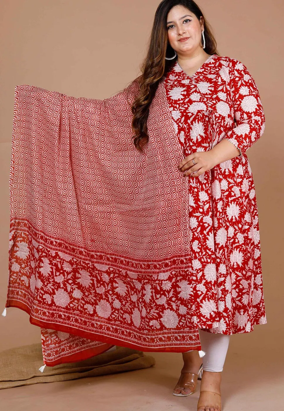 Printed Pure Cotton Aline Suit in Red