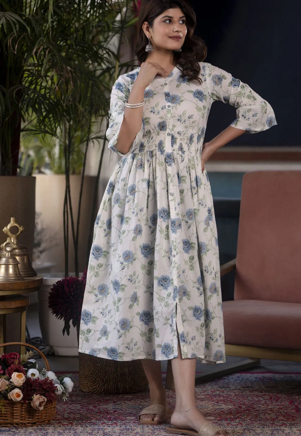 Printed Pure Cotton Aline Dress in Off White