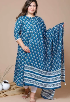 Printed Pure Cotton Aline Suit in Blue