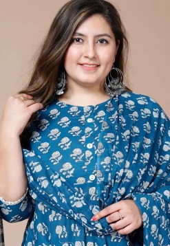 Printed Pure Cotton Aline Suit in Blue