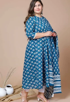 Printed Pure Cotton Aline Suit in Blue