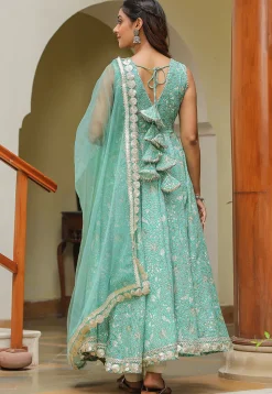 Printed Pure Cotton Aline Suit in Light Blue