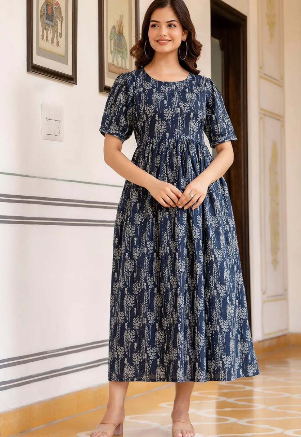 Printed Pure Cotton Aline Dress in Navy Blue