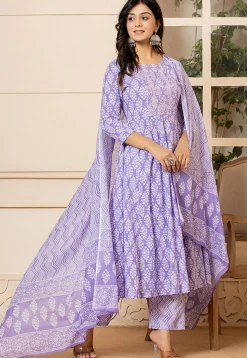 Printed Pure Cotton Anarkali Suit in Light Purple