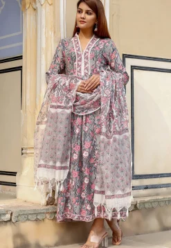 Printed Pure Cotton Anarkali Suit in Light Grey