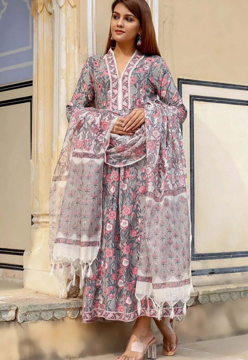 Printed Pure Cotton Anarkali Suit in Light Grey