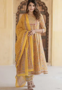 Printed Pure Cotton Anarkali Suit in Yellow