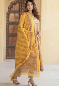 Printed Pure Cotton Anarkali Suit in Yellow