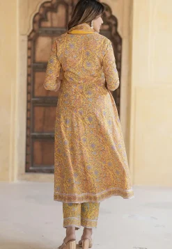 Printed Pure Cotton Anarkali Suit in Yellow