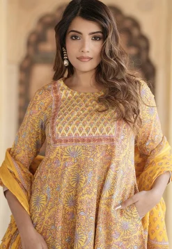 Printed Pure Cotton Anarkali Suit in Yellow