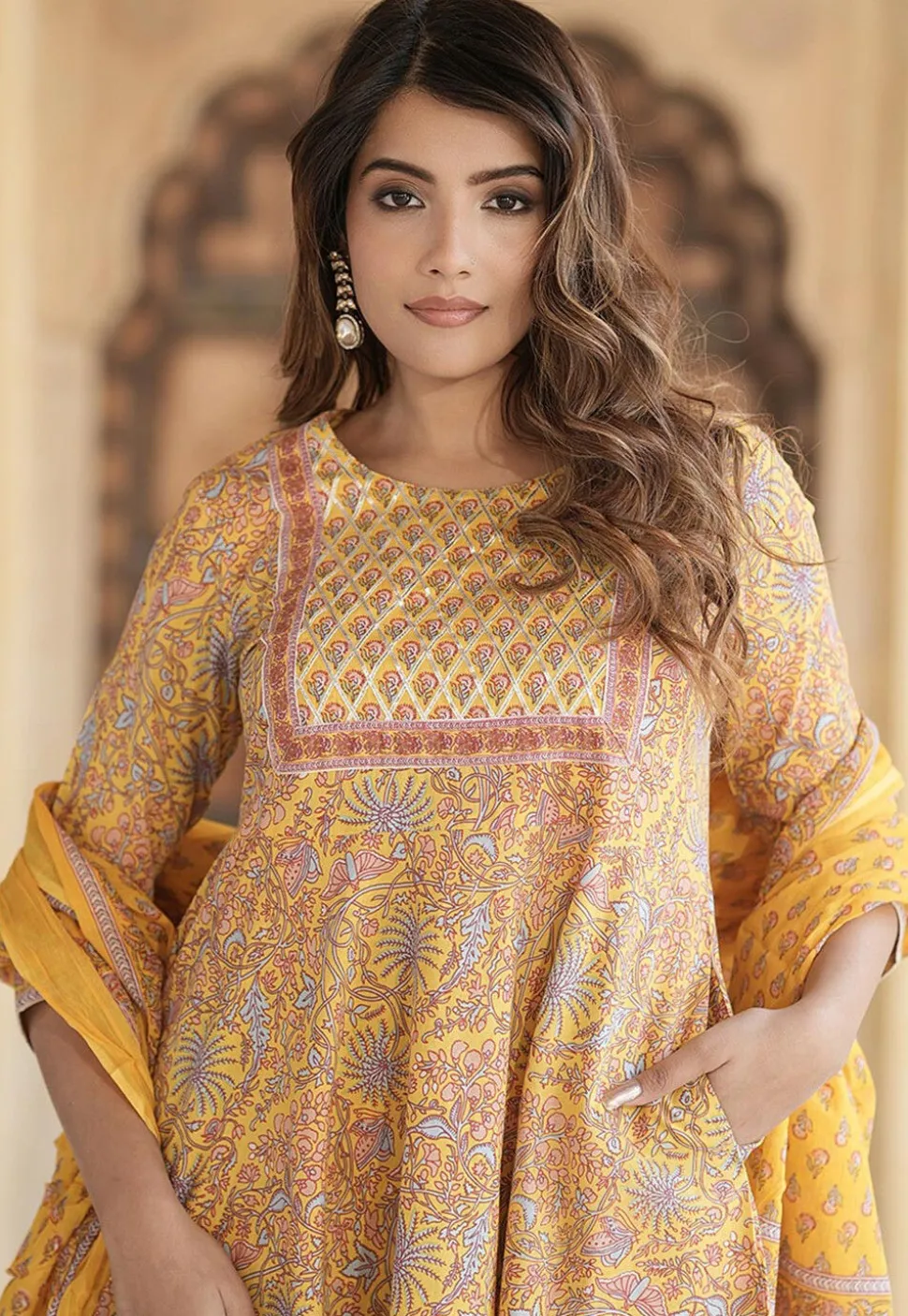 Printed Pure Cotton Anarkali Suit in Yellow