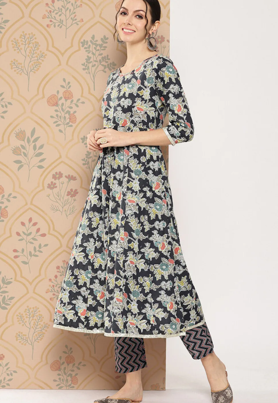 Printed Pure Cotton Anarkali Suit in Black