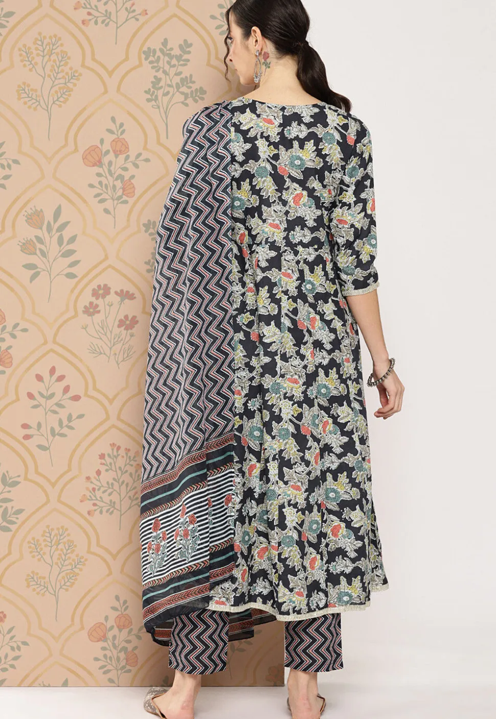 Printed Pure Cotton Anarkali Suit in Black