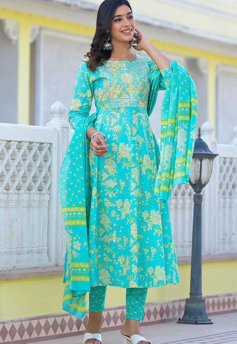 Printed Pure Cotton Anarkali Suit in Turquoise