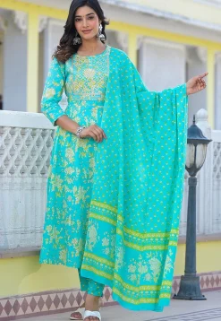 Printed Pure Cotton Anarkali Suit in Turquoise
