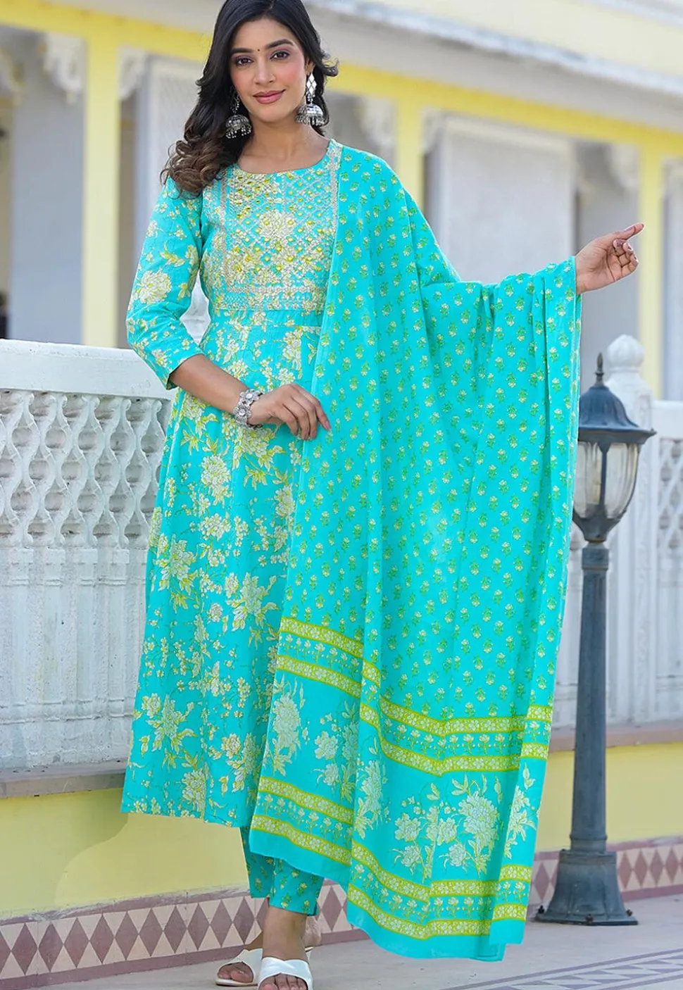 Printed Pure Cotton Anarkali Suit in Turquoise