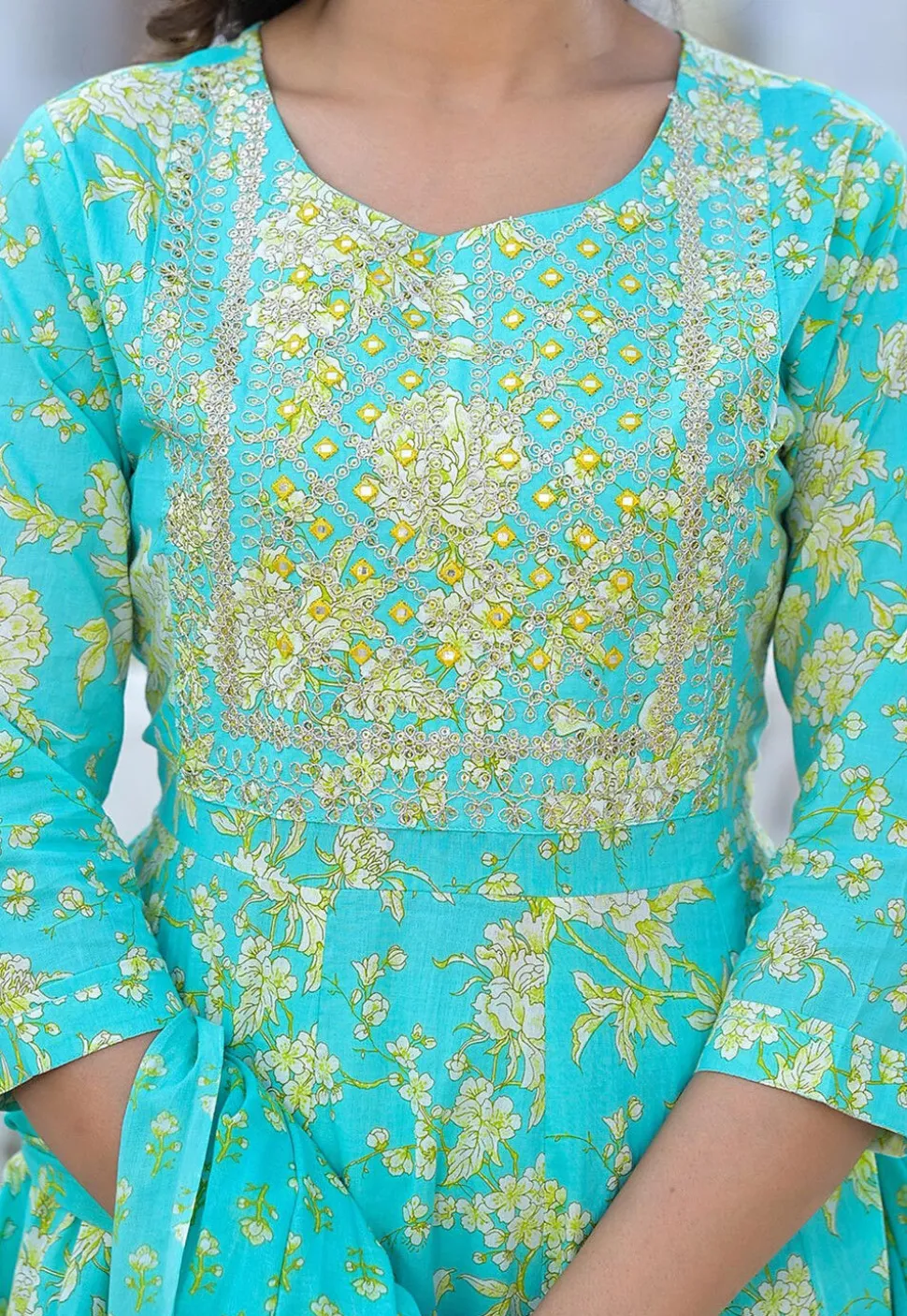 Printed Pure Cotton Anarkali Suit in Turquoise