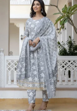 Printed Pure Cotton Anarkali Suit in Light Grey