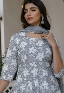 Printed Pure Cotton Anarkali Suit in Light Grey