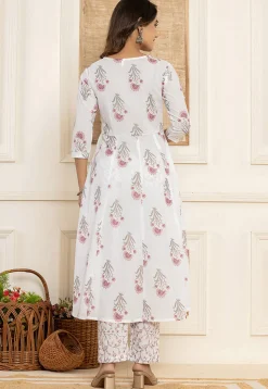 Printed Pure Cotton Anarkali Suit in Off White