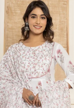 Printed Pure Cotton Anarkali Suit in Off White