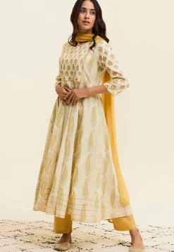 Printed Pure Cotton Anarkali Suit in Off White