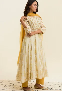 Printed Pure Cotton Anarkali Suit in Off White