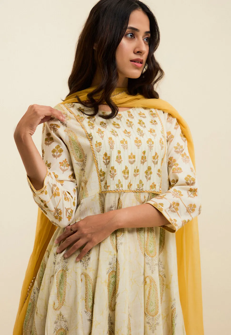 Printed Pure Cotton Anarkali Suit in Off White