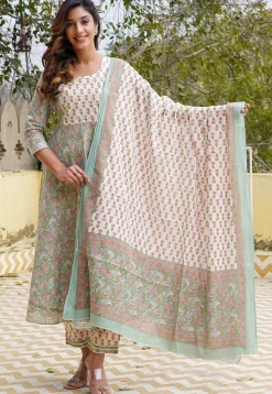 Printed Pure Cotton Anarkali Suit in Patel Green