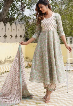 Printed Pure Cotton Anarkali Suit in Patel Green