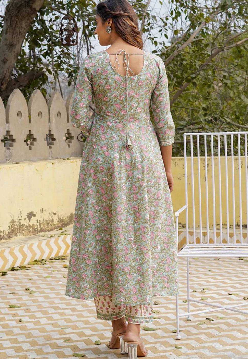 Printed Pure Cotton Anarkali Suit in Patel Green