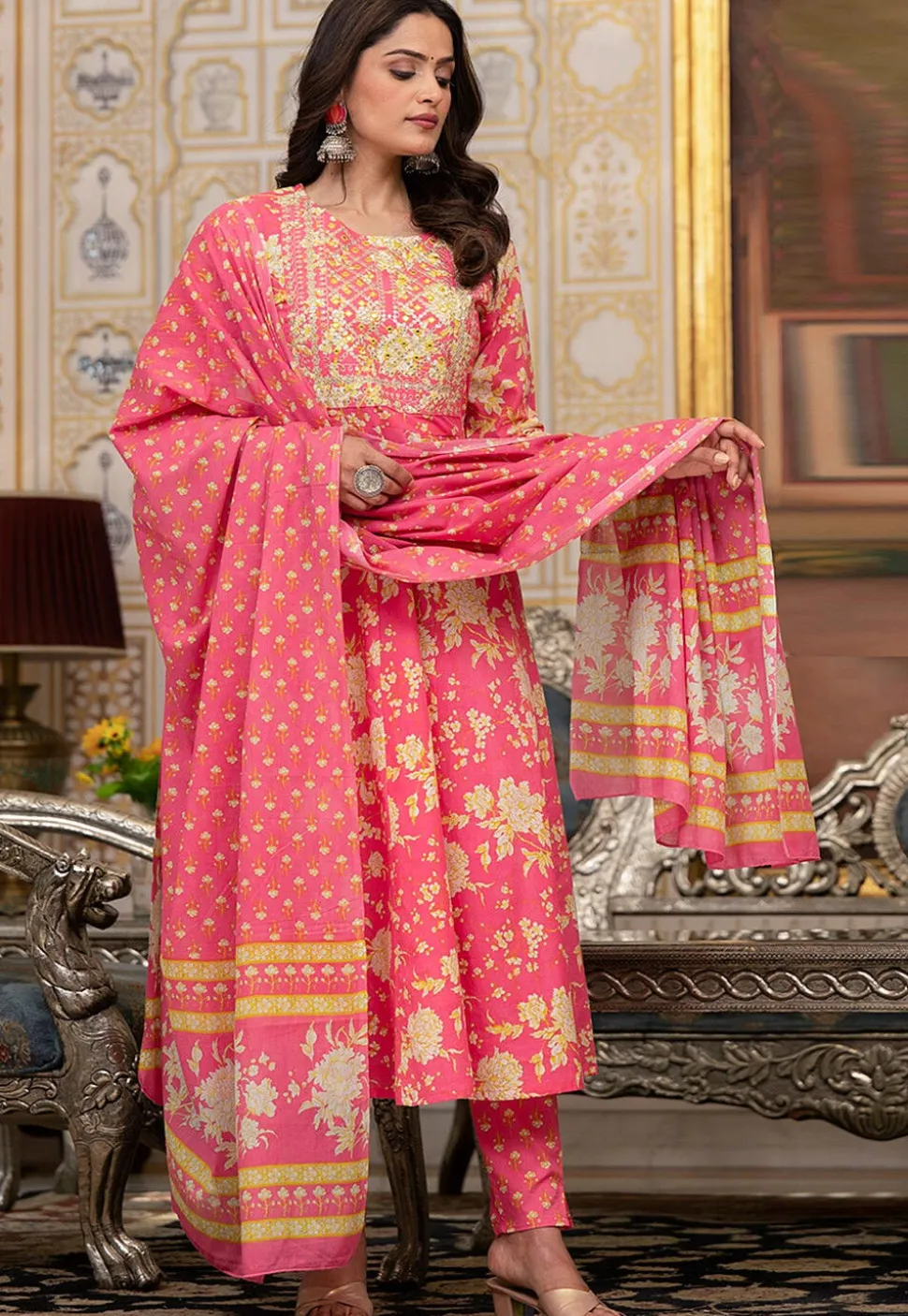 Printed Pure Cotton Anarkali Suit in Pink