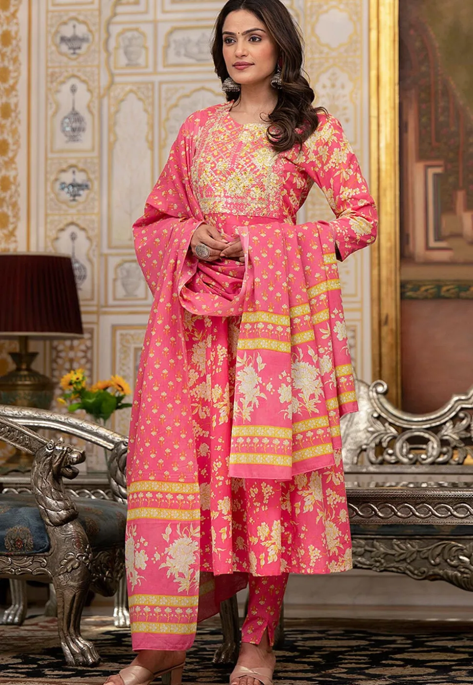 Printed Pure Cotton Anarkali Suit in Pink