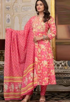 Printed Pure Cotton Anarkali Suit in Pink