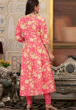 Printed Pure Cotton Anarkali Suit in Pink