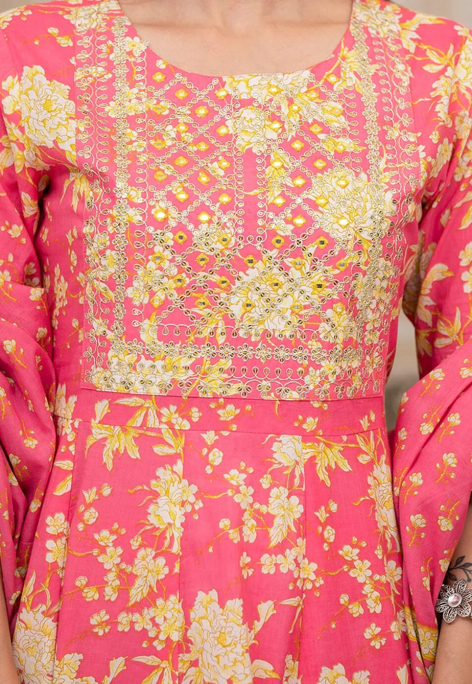 Printed Pure Cotton Anarkali Suit in Pink