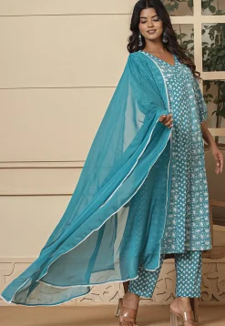 Printed Pure Cotton Anarkali Suit in Light Teal Blue
