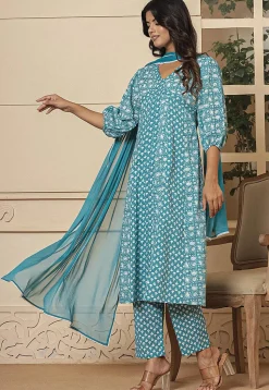 Printed Pure Cotton Anarkali Suit in Light Teal Blue