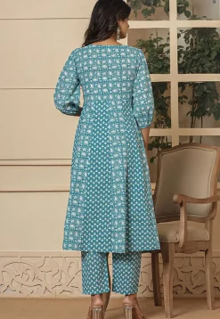 Printed Pure Cotton Anarkali Suit in Light Teal Blue