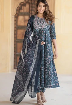 Printed Pure Cotton Anarkali Suit in Dark Blue