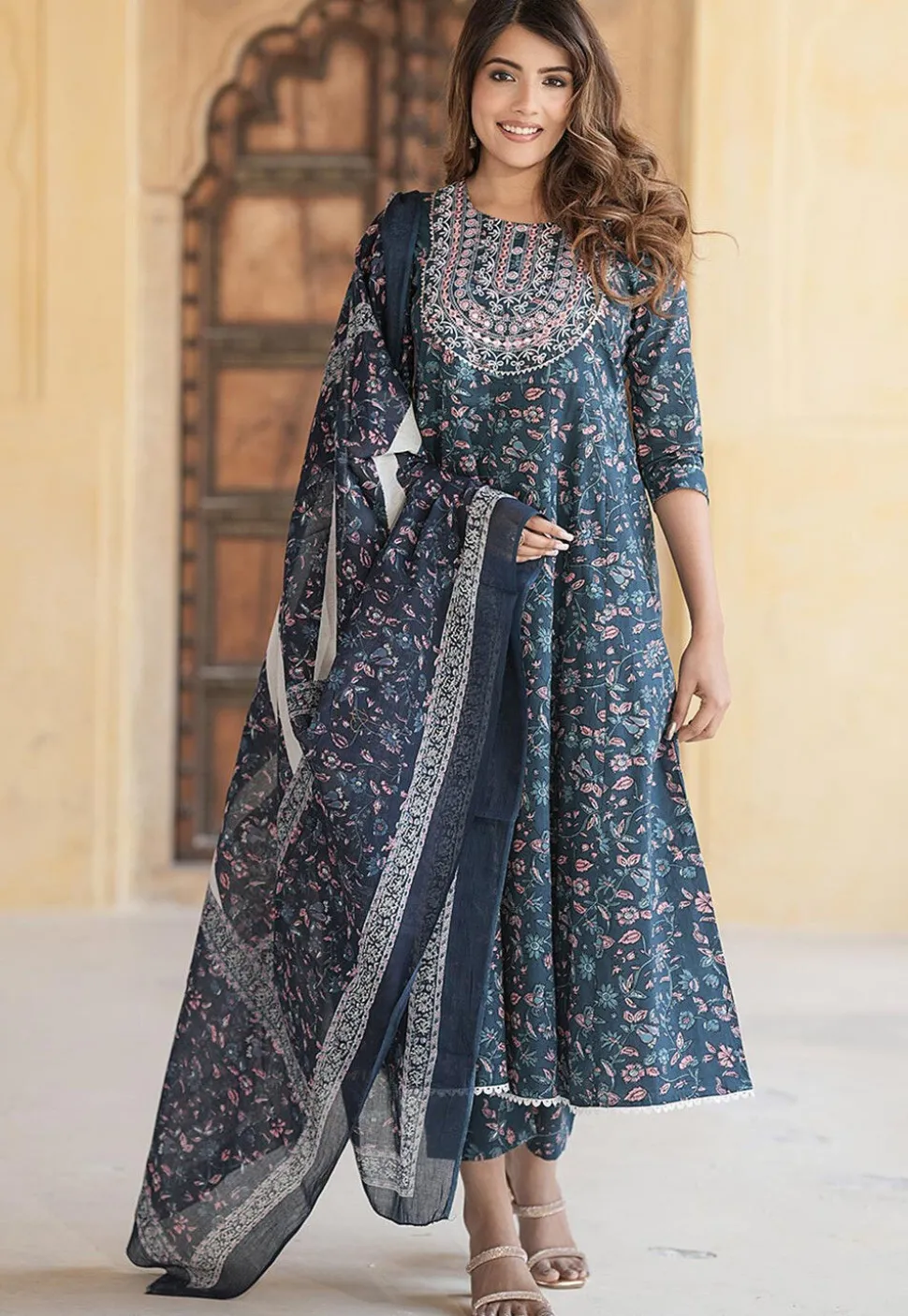 Printed Pure Cotton Anarkali Suit in Dark Blue