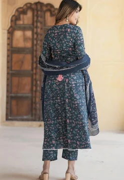 Printed Pure Cotton Anarkali Suit in Dark Blue