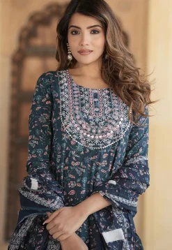 Printed Pure Cotton Anarkali Suit in Dark Blue
