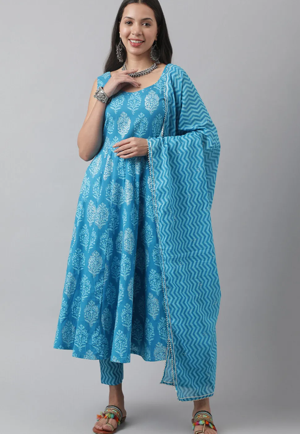 Printed Pure Cotton Anarkali Suit in Blue