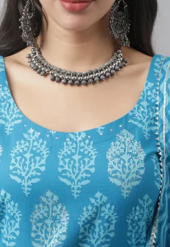 Printed Pure Cotton Anarkali Suit in Blue