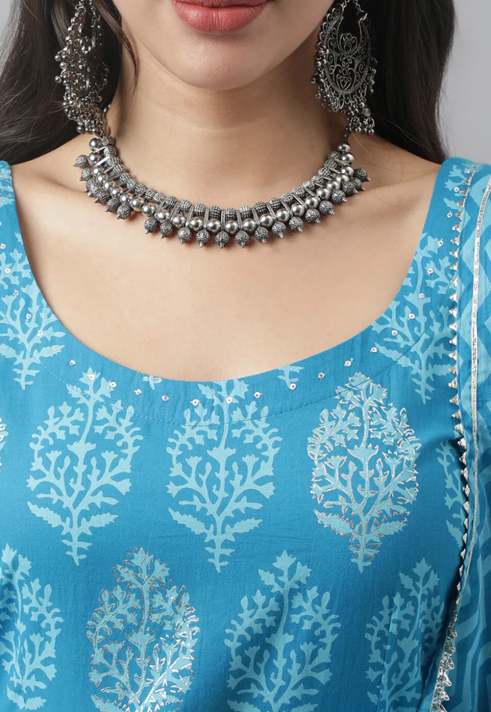Printed Pure Cotton Anarkali Suit in Blue