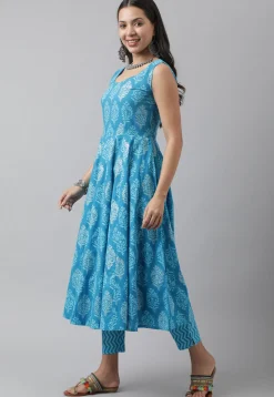 Printed Pure Cotton Anarkali Suit in Blue