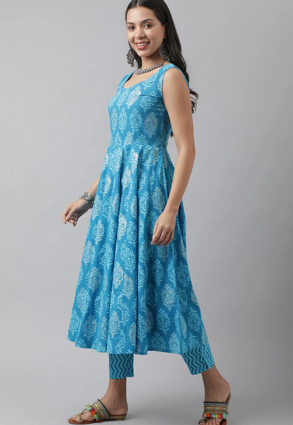 Printed Pure Cotton Anarkali Suit in Blue