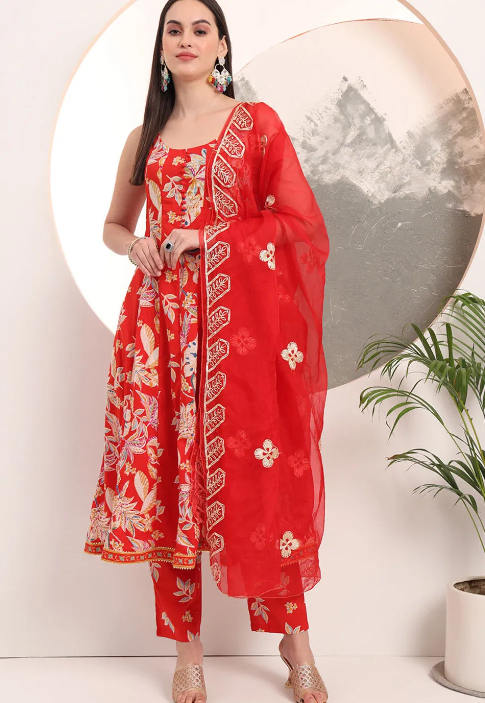 Printed Pure Cotton Anarkali Suit in Red